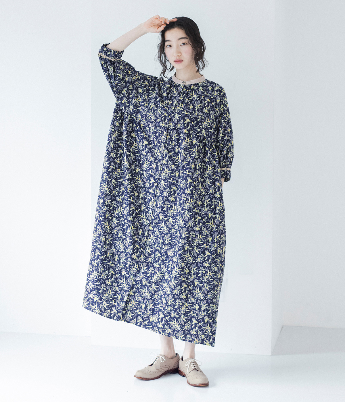 別注｜オリーブプリント配色パイピングワンピース(ネイビー-ONESIZE)