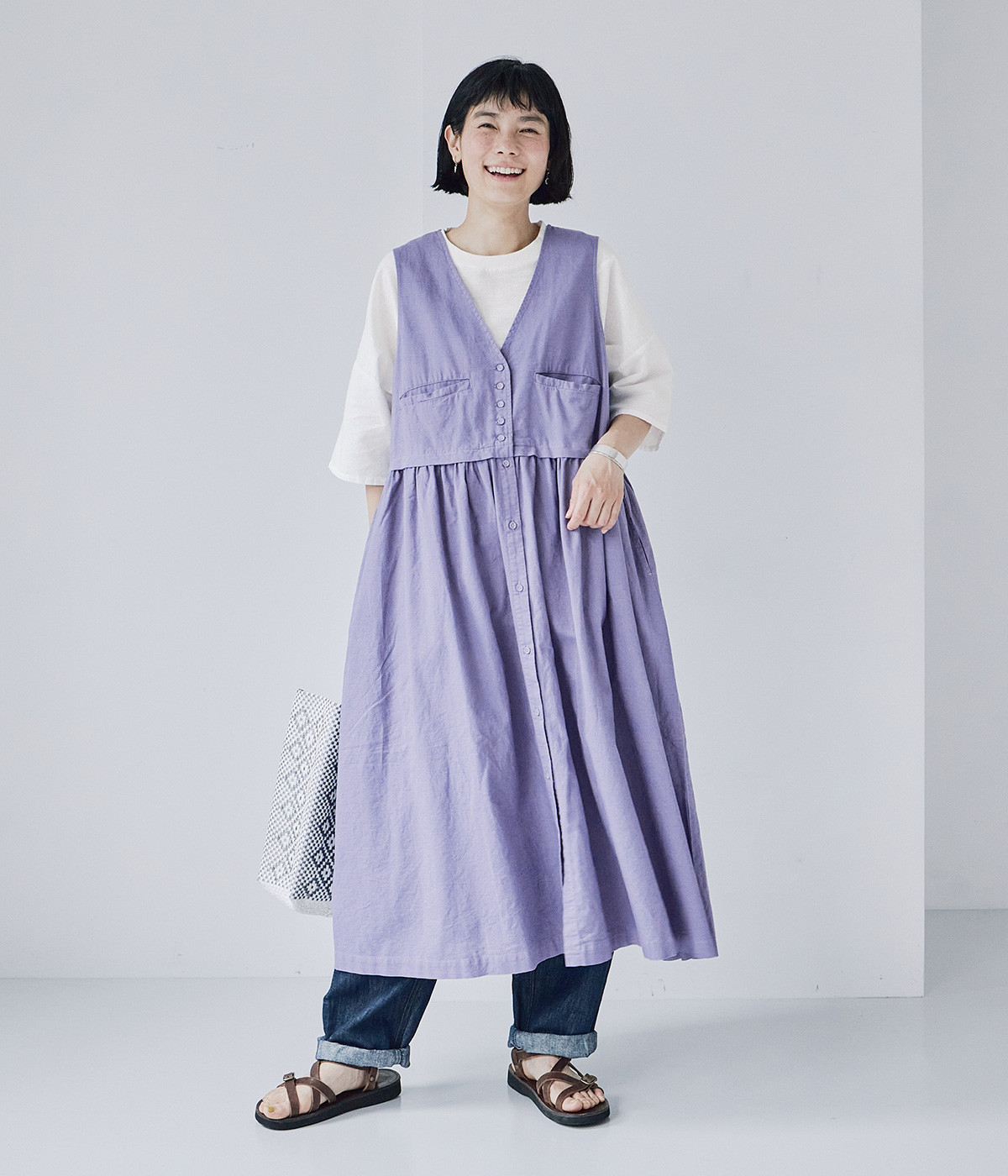 リネンコットンガーゼ　ベストドッキングワンピース(ブルー-ONESIZE)