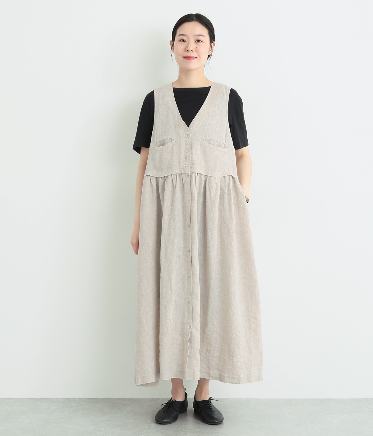 平織リネン　ベストドッキングワンピース(ナチュラル-ONESIZE)