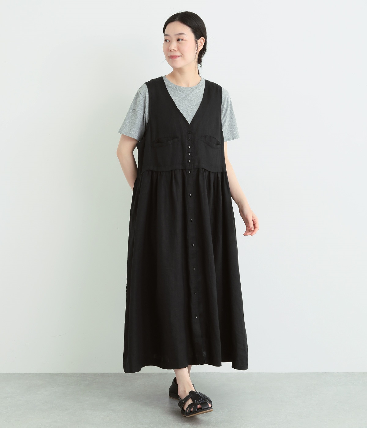 平織リネン　ベストドッキングワンピース(ブラック-ONESIZE)
