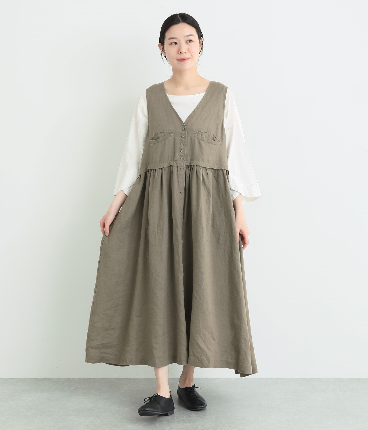 平織リネン　ベストドッキングワンピース(カーキ-ONESIZE)