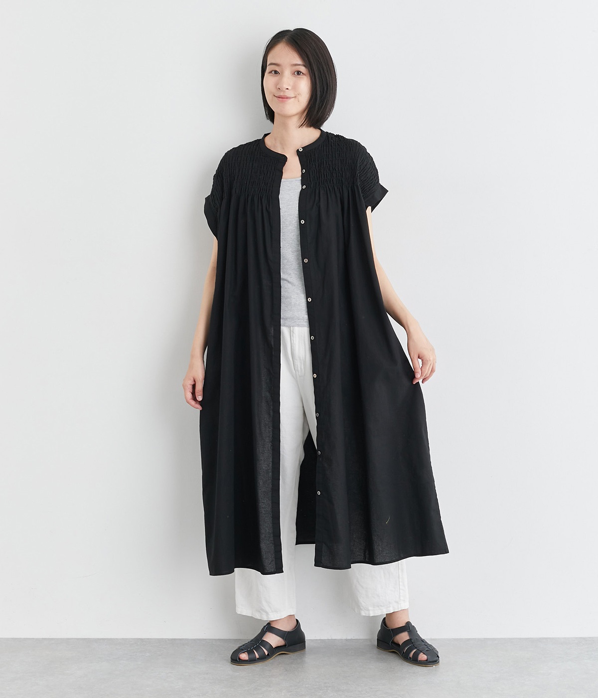コットンラミー　シャーリングワンピース(ブラック-ONESIZE)