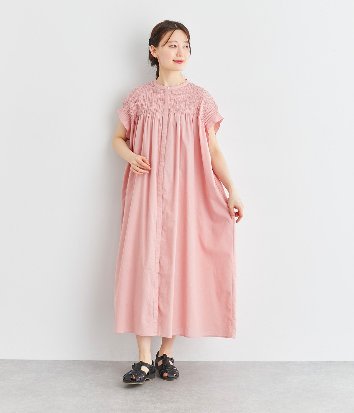 コットンラミー　シャーリングワンピース(ピンク-ONESIZE)