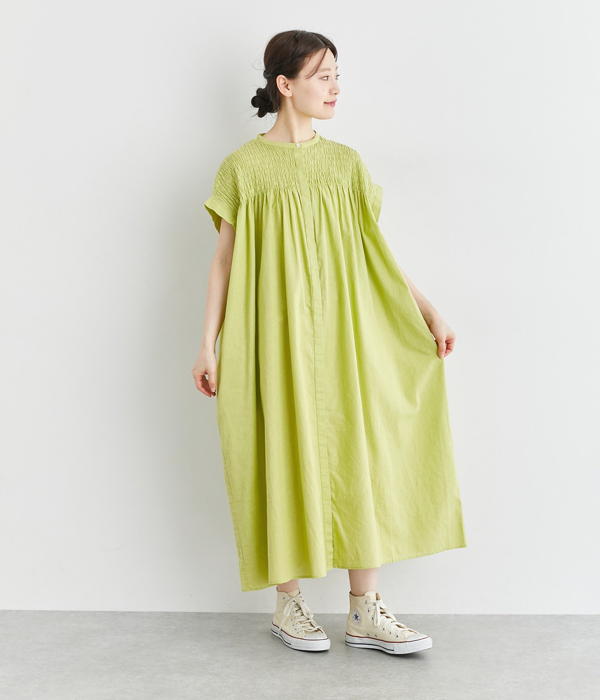 コットンラミー　シャーリングワンピース(ライトグリーン-ONESIZE)