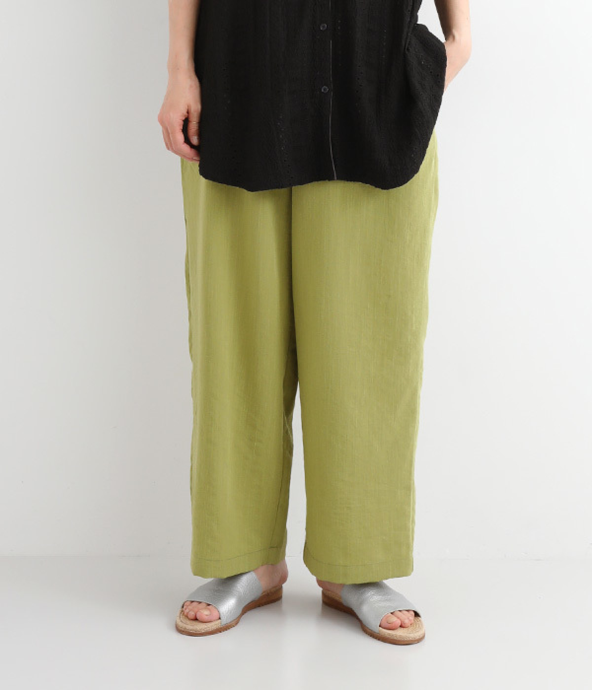 リネンライクストレッチ ウエストシャーリングパンツ(ピスタチオ-ONESIZE)