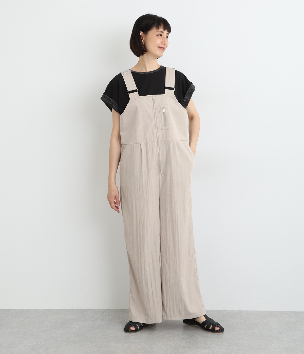 ナイロンヴィンテージ ワイドサロペットパンツ(オフグレー-ONESIZE)