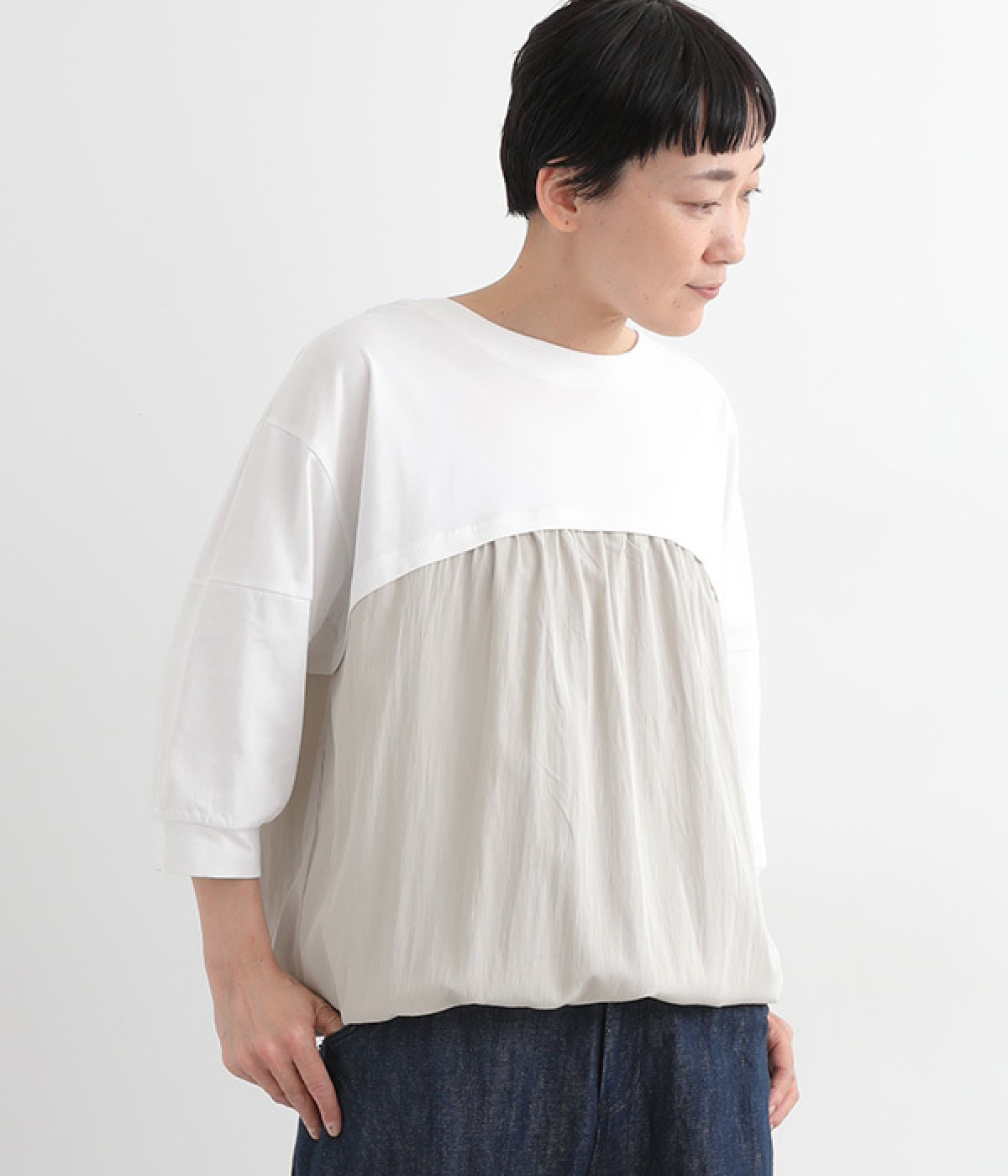 異素材切替ギャザープルオーバー(オフホワイト-ONESIZE)