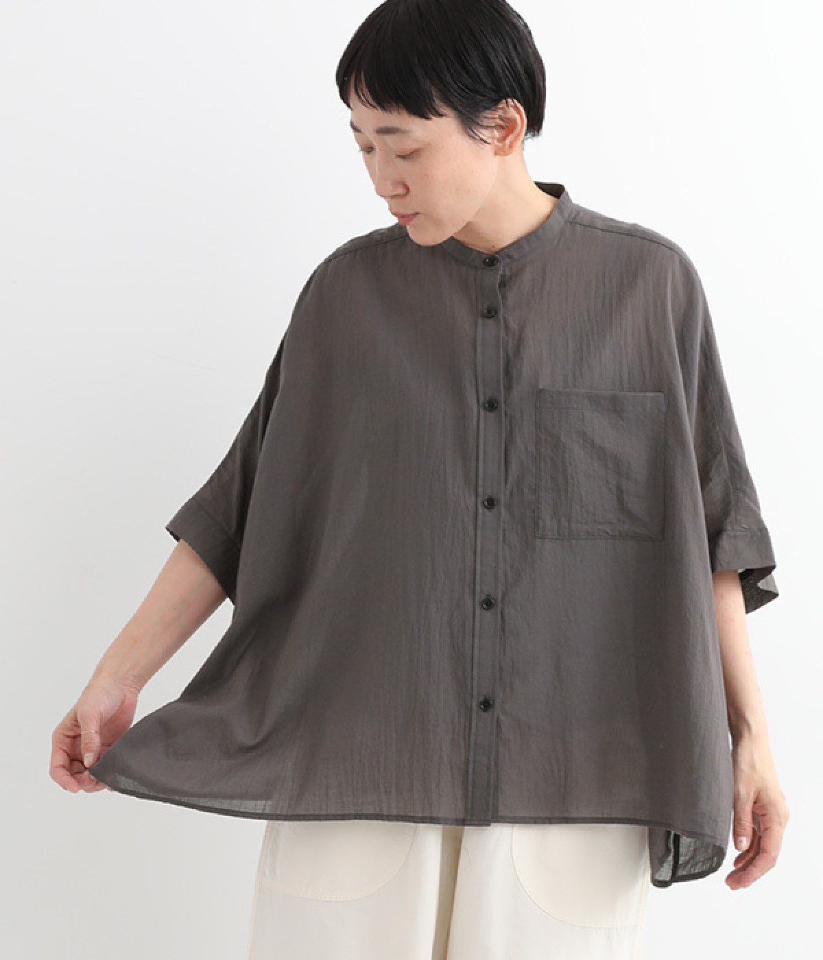 コットン バンドカラードルマンシャツ(チャコール-ONESIZE)