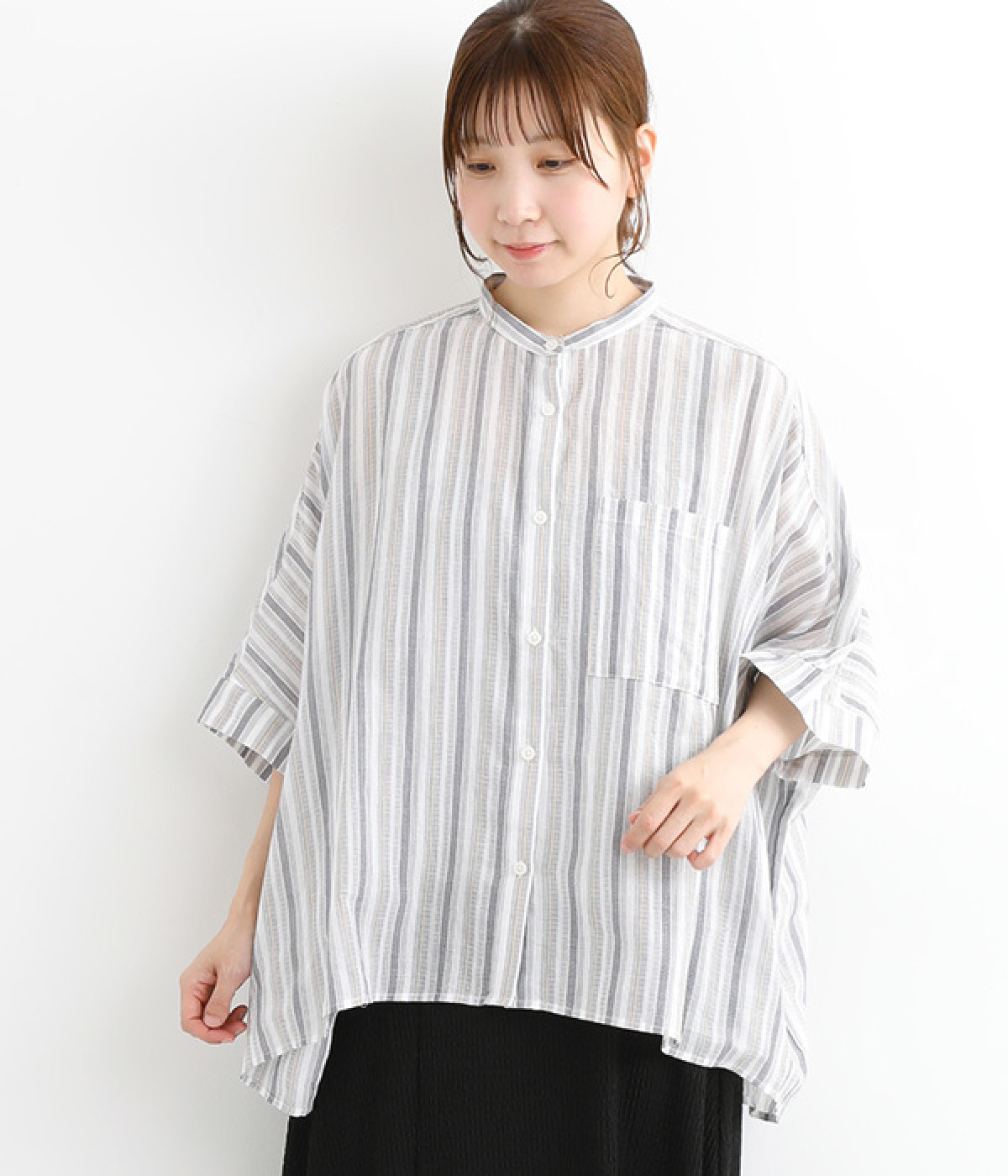 コットン バンドカラードルマンシャツ(オフストライプ-ONESIZE)