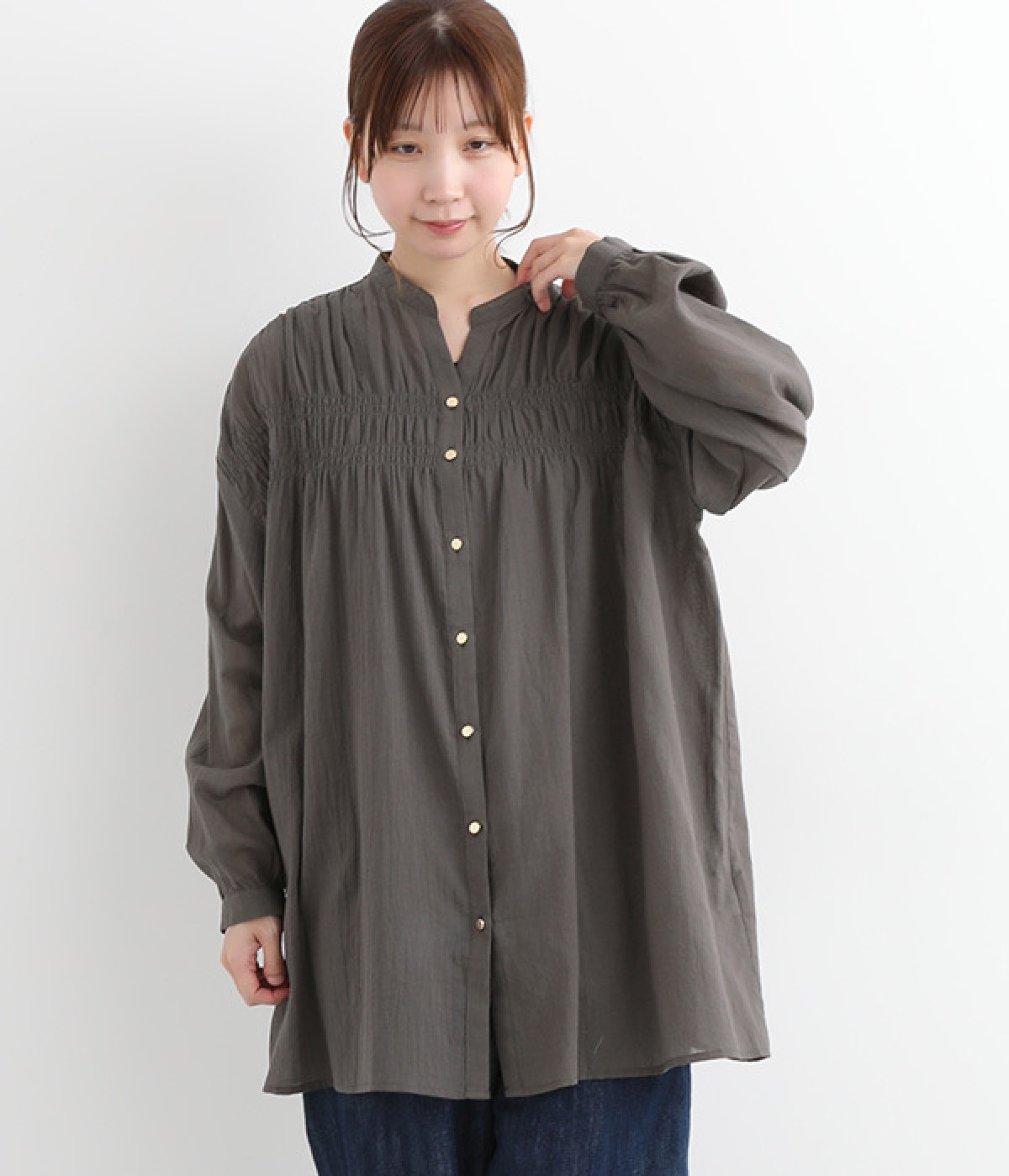 コットン シャーリングスキッパーチュニック(チャコール-ONESIZE)