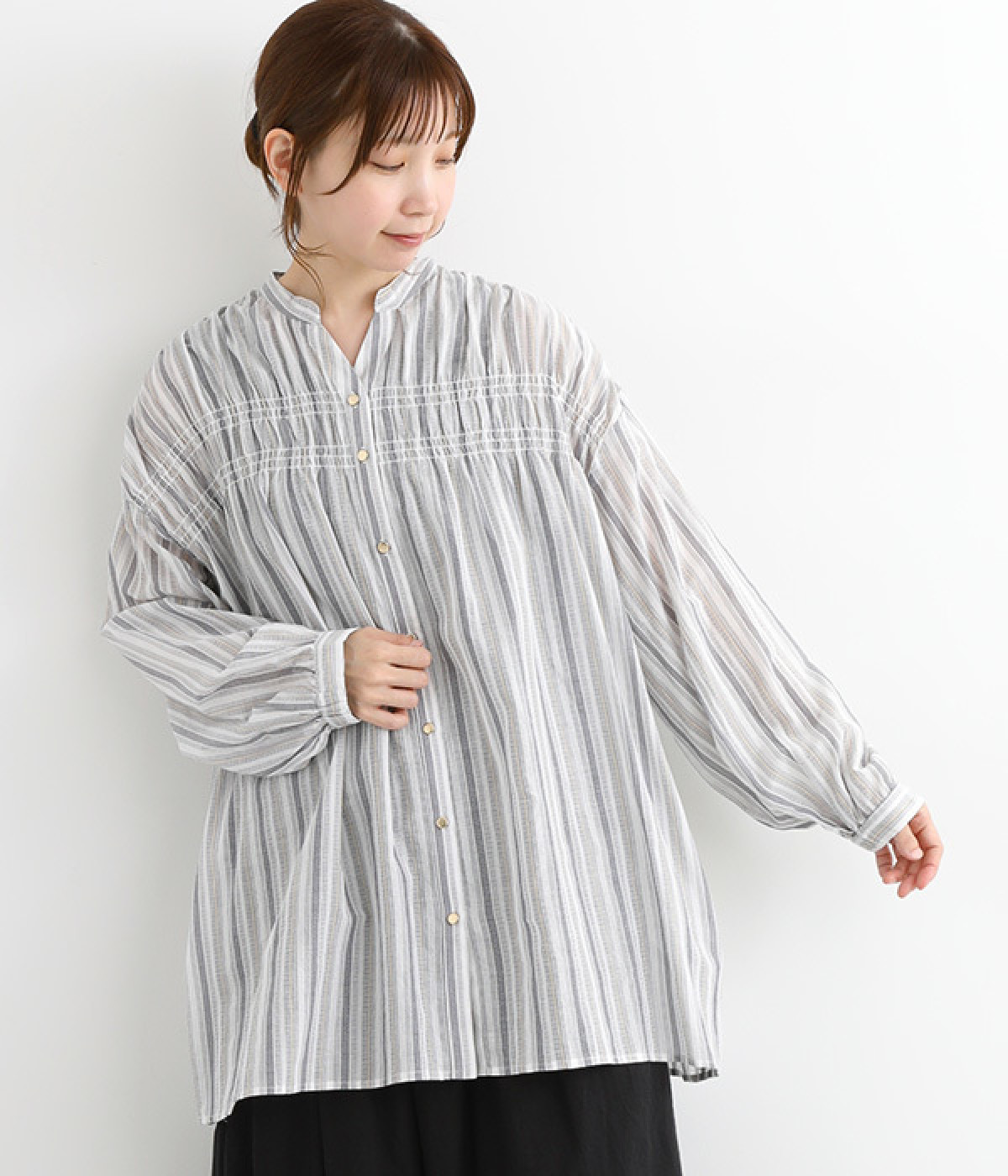 コットン シャーリングスキッパーチュニック(オフストライプ-ONESIZE)