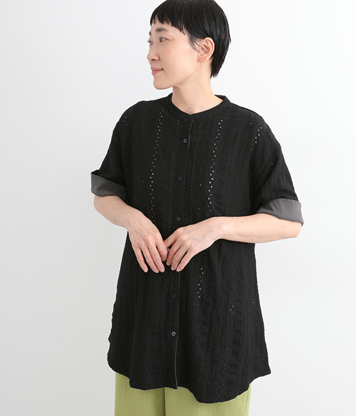 カットレース ロングシャツ(クロ-ONESIZE)