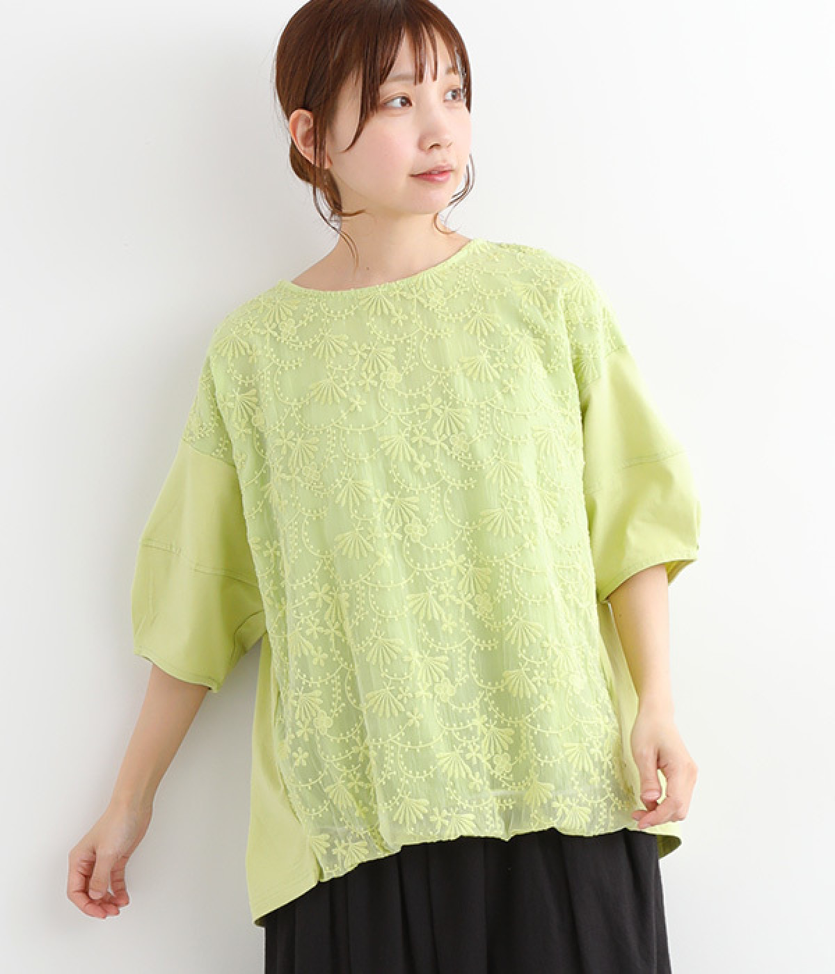 刺繍レースバルーンプルオーバー(ライムグリーン-ONESIZE)