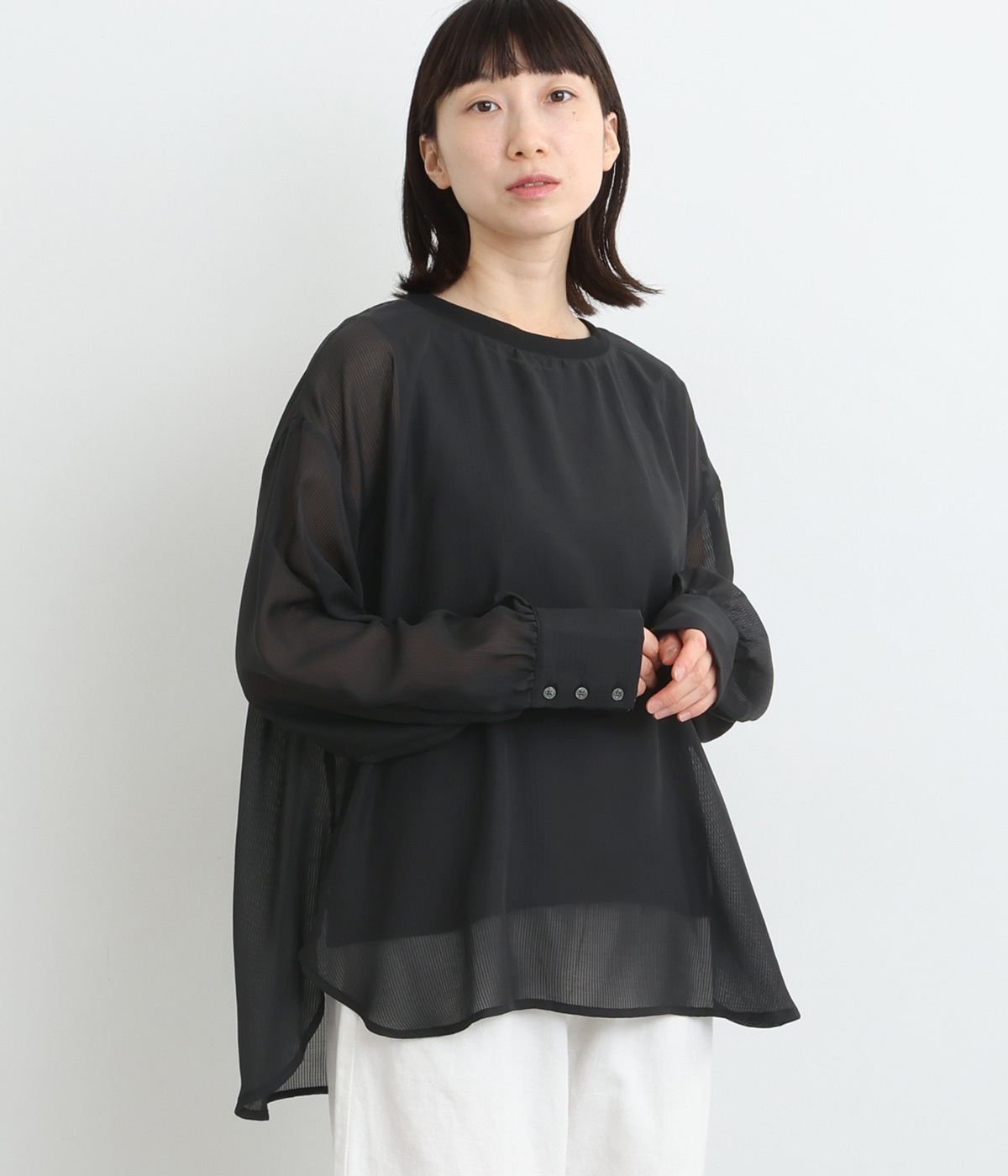 シアストライプ 長袖リブブラウス(クロ-ONESIZE)