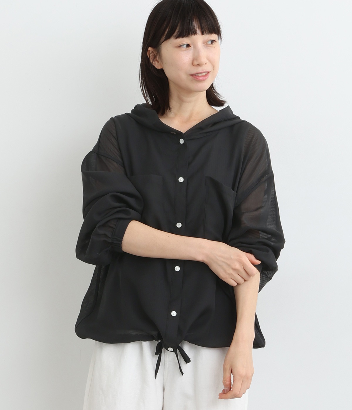 シアストライプ 長袖シャツパーカ(クロ-ONESIZE)