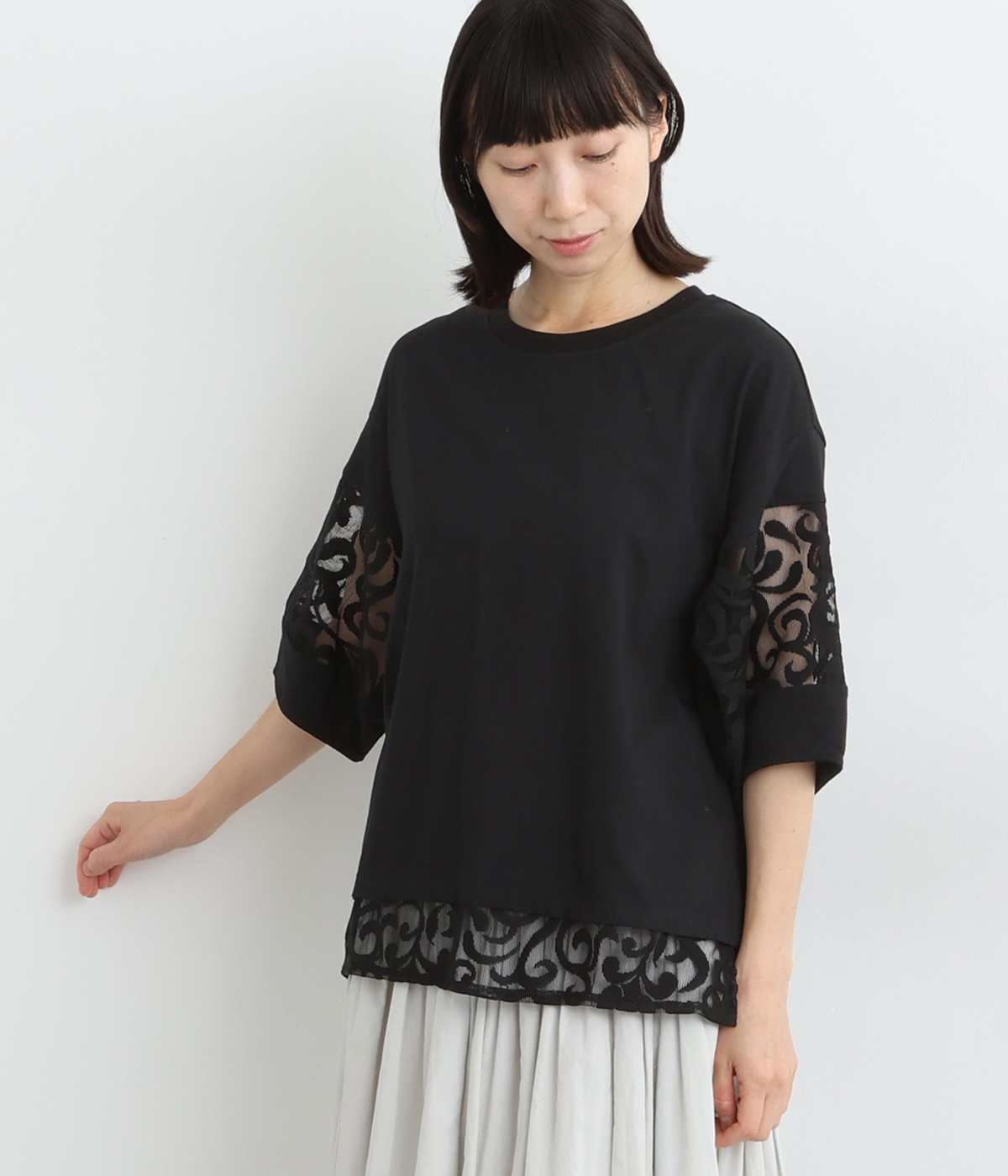 レース×接触冷感 ランタン5分袖プルオーバー(クロ-ONESIZE)