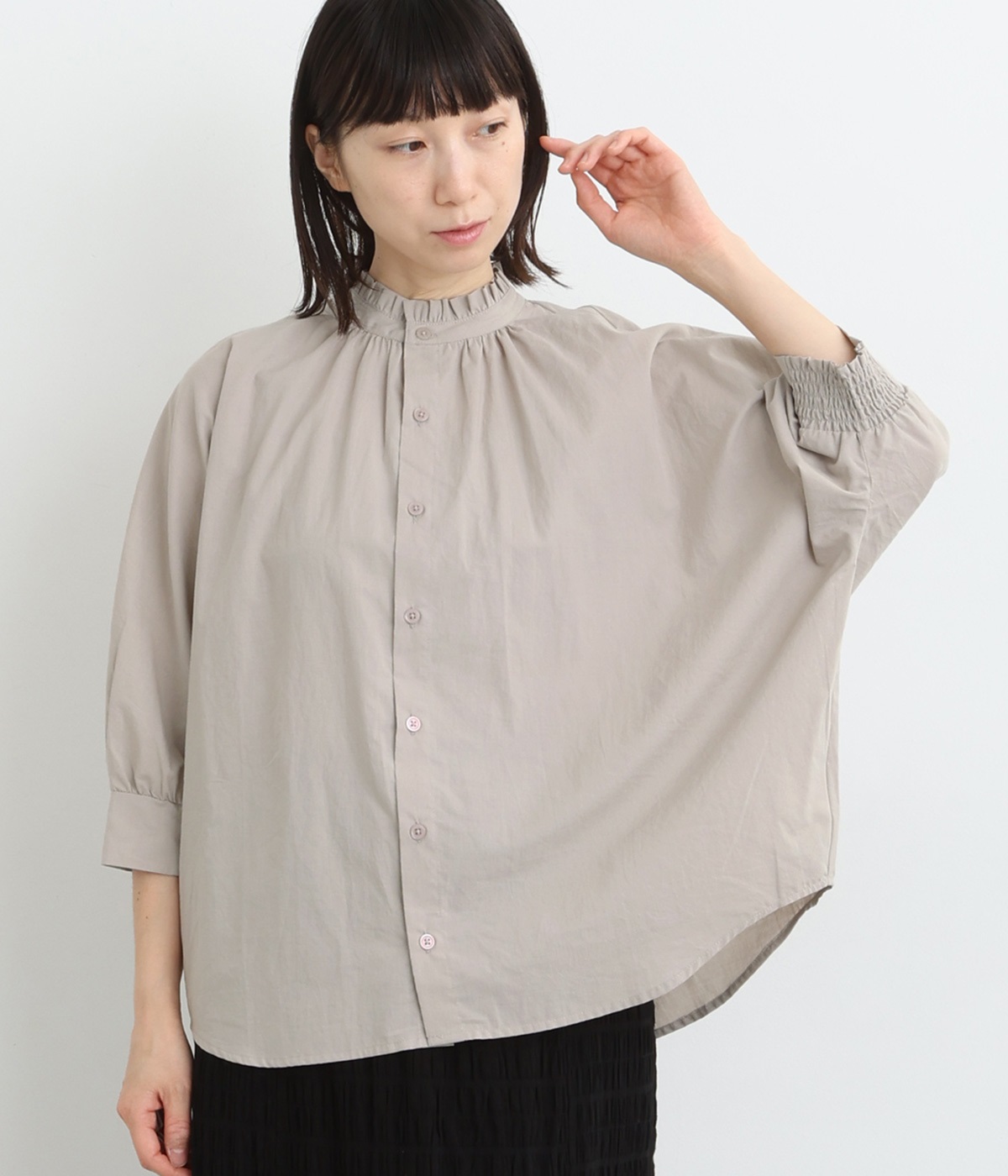 コットン 襟フリル8分袖 ドルマンシャツ(ライトグレー-ONESIZE)