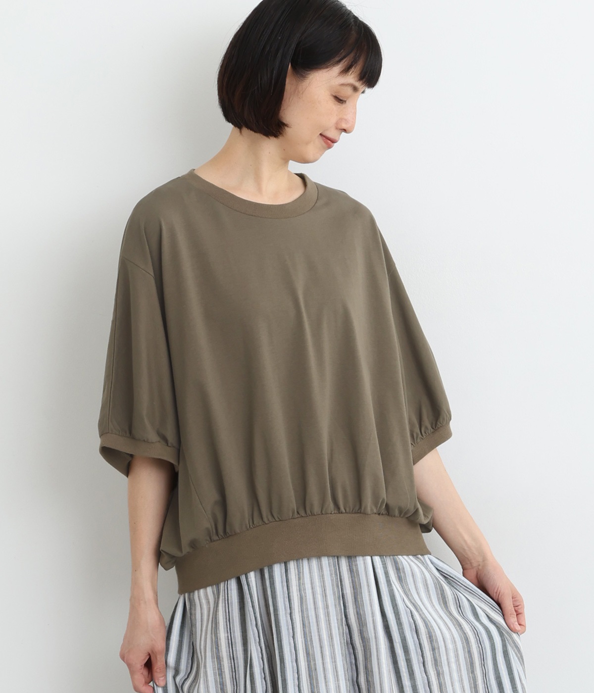 接触冷感 シルケット風天竺 リブドルマンプルオーバー(ダークカーキ-ONESIZE)