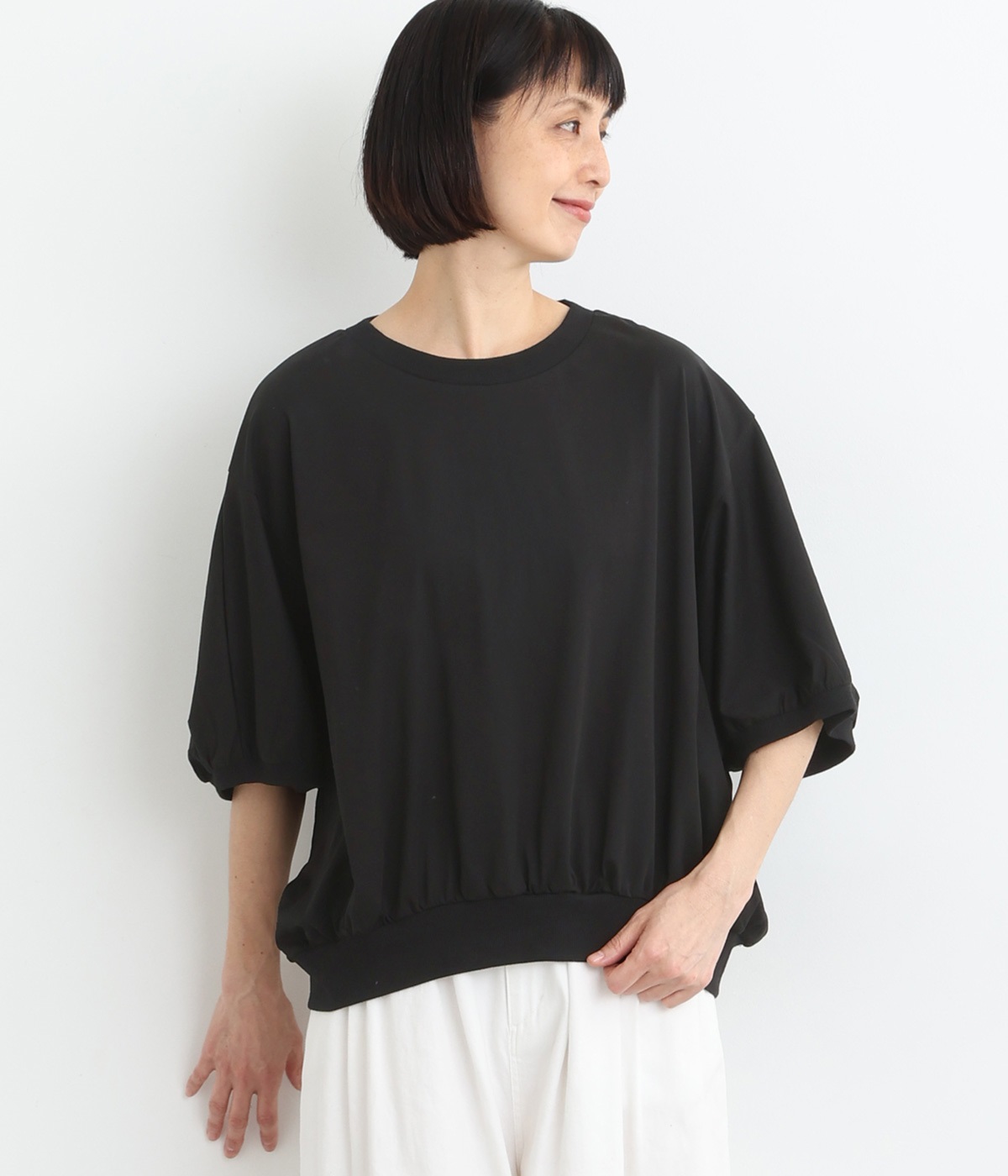 接触冷感 シルケット風天竺 リブドルマンプルオーバー(クロ-ONESIZE)