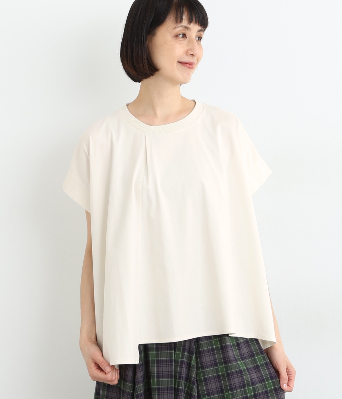 接触冷感 シルケット風天竺 アシメフロントタックプルオーバー(オフホワイト-ONESIZE)