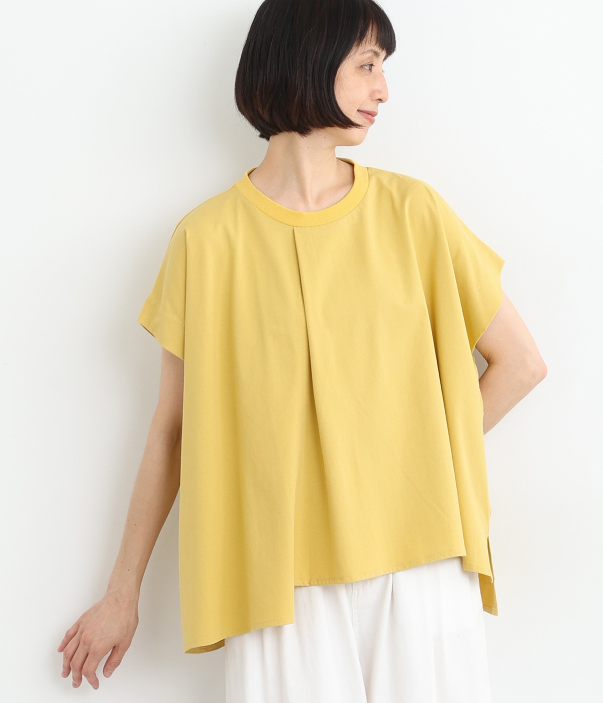 接触冷感 シルケット風天竺 アシメフロントタックプルオーバー(やまぶきイエロー-ONESIZE)
