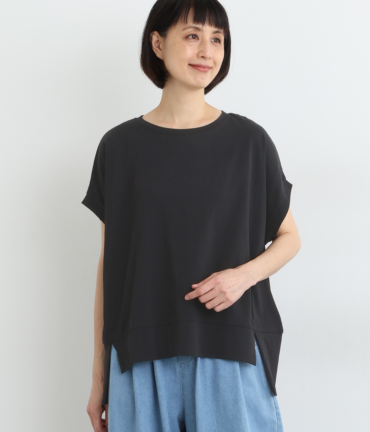 接触冷感 シルケット風天竺 ドルマンプルオーバー(クロ-ONESIZE)