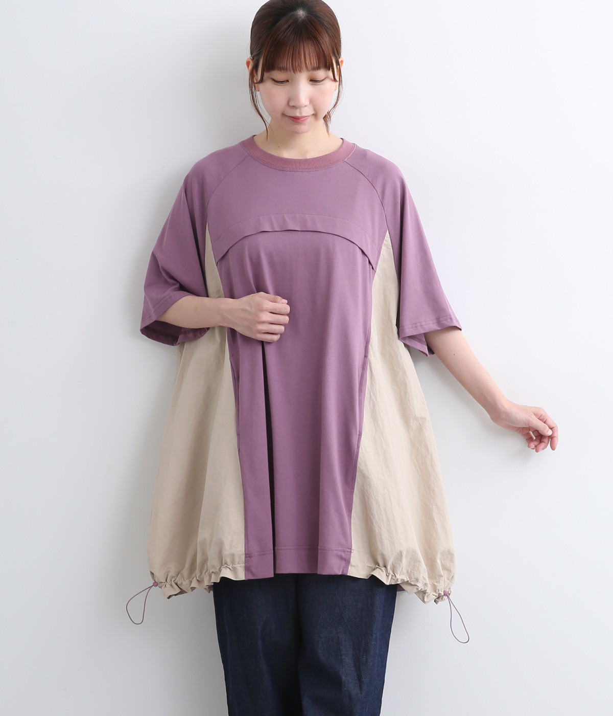 異素材切替 ドロストチュニック(モーヴ-ONESIZE)