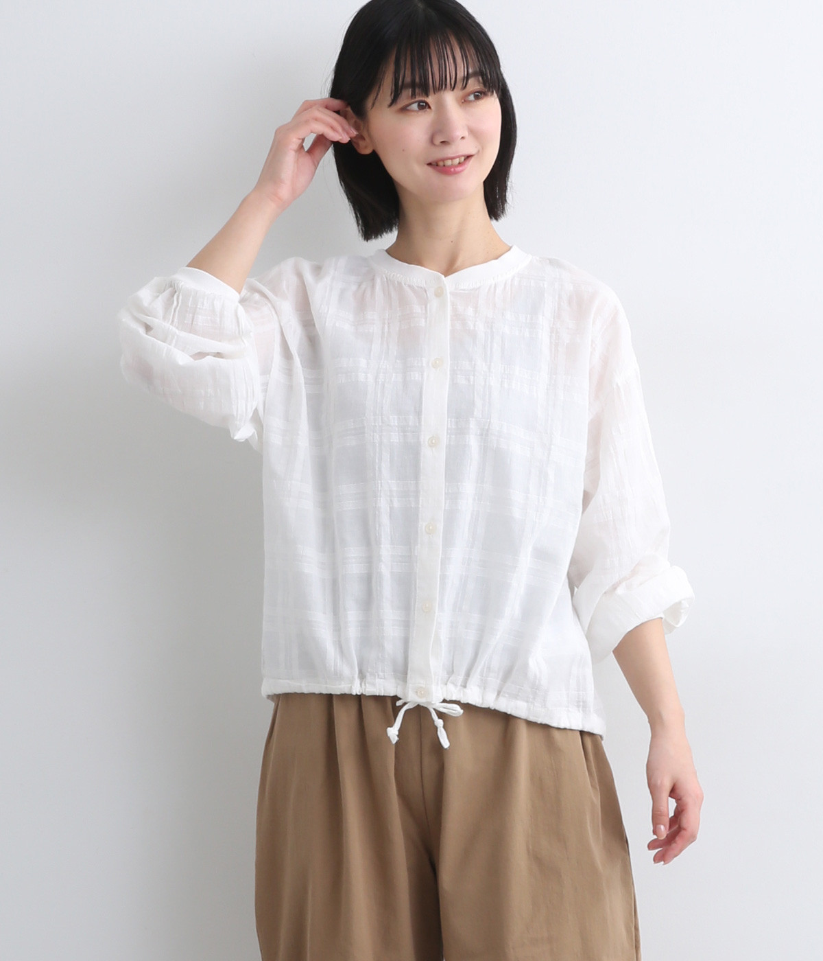 シアーチェック 前あきリブ長袖シャツ(オフホワイト-ONESIZE)