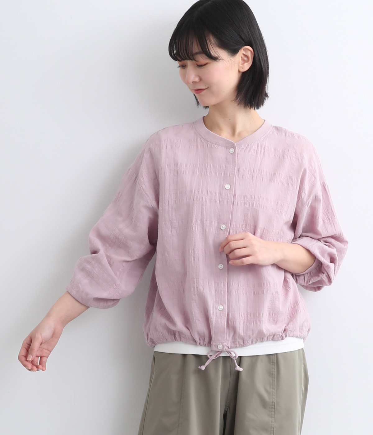 シアーチェック 前あきリブ長袖シャツ(ラベンダー-ONESIZE)