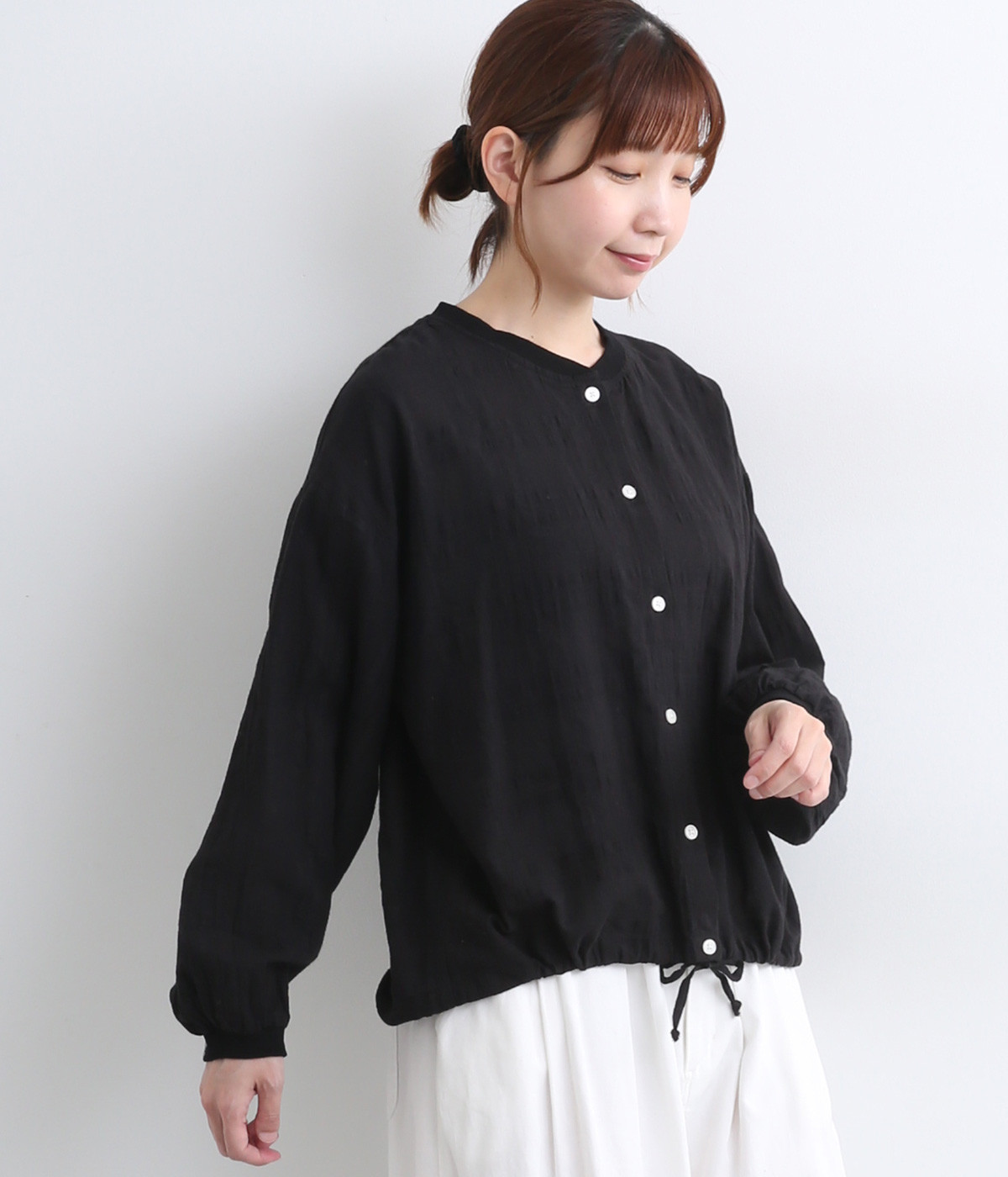 シアーチェック 前あきリブ長袖シャツ(クロ-ONESIZE)