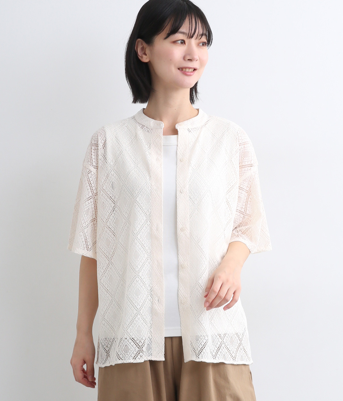 クロッシェ風レース バンドカラーシャツ(アイボリー-ONESIZE)