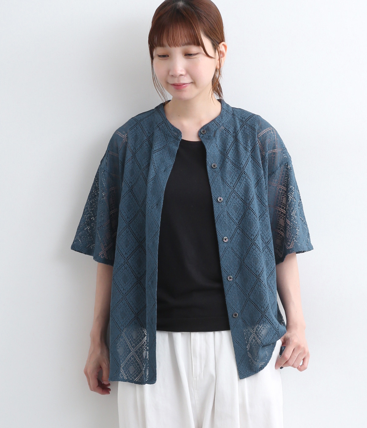 クロッシェ風レース バンドカラーシャツ(アイアンブルー-ONESIZE)