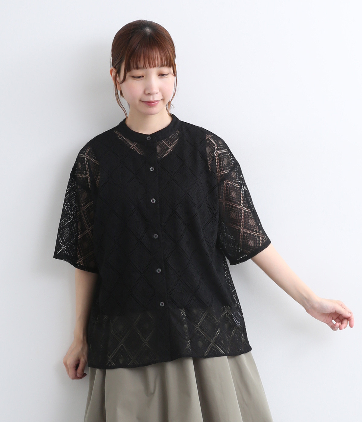 クロッシェ風レース バンドカラーシャツ(クロ-ONESIZE)