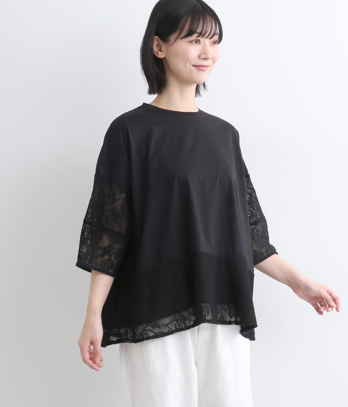 シルケット風天竺 レース切替プルオーバー(クロ-ONESIZE)