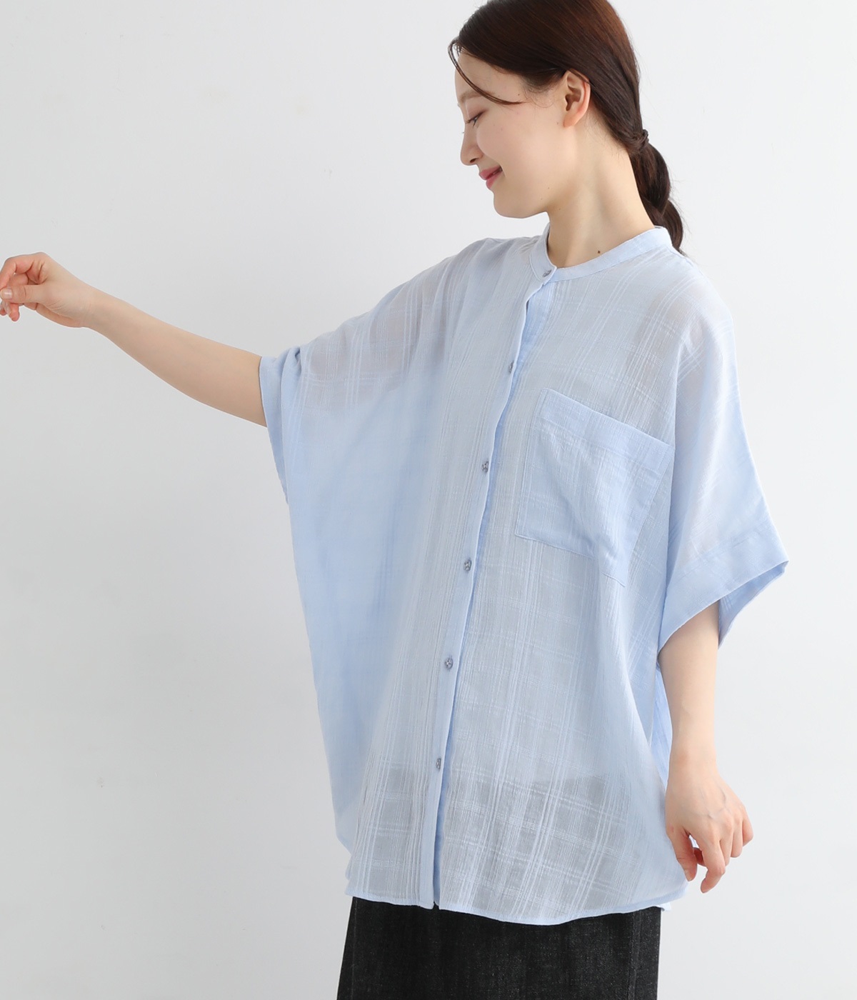 コットン シアーチェックまるっとチュニックシャツ(サックス-ONESIZE)