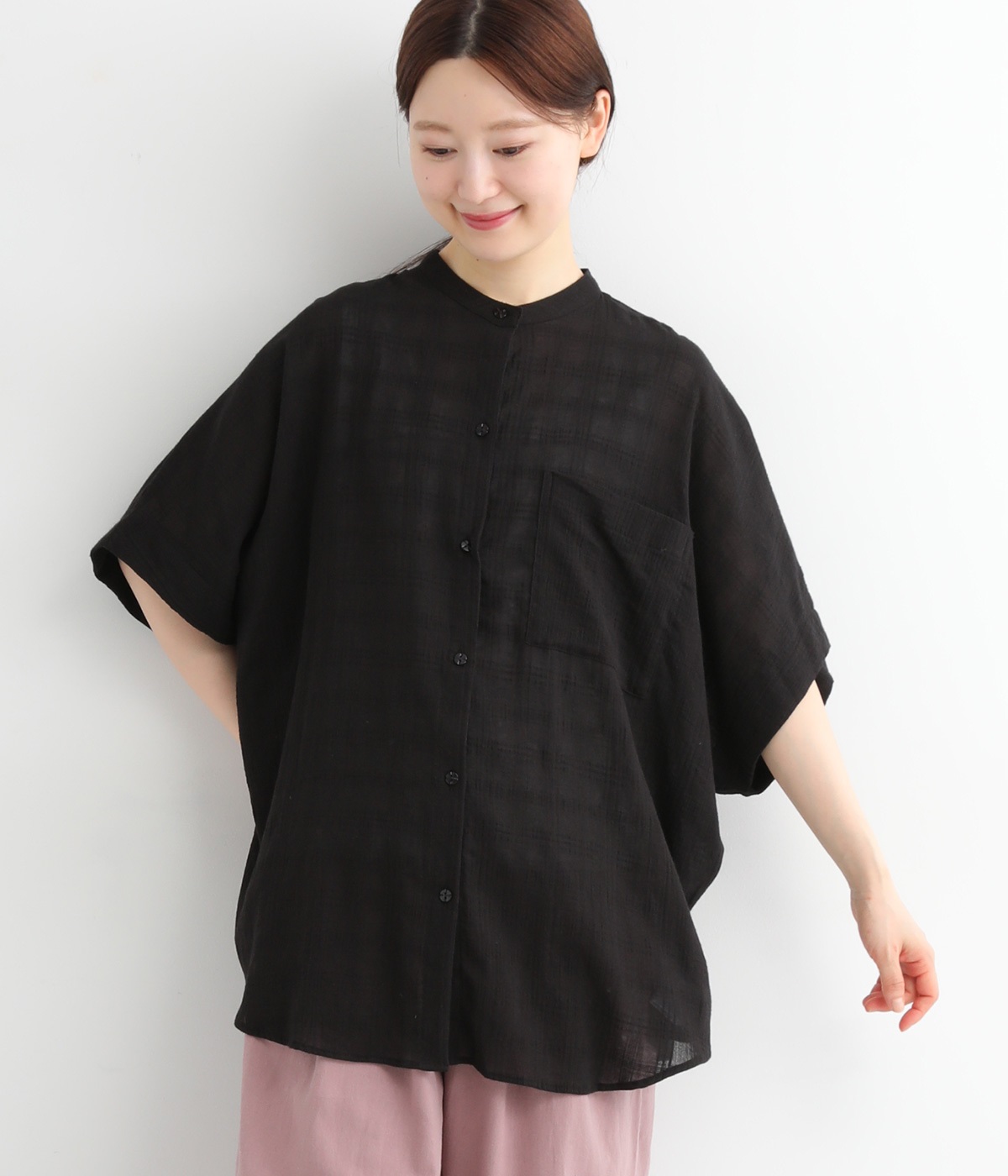 コットン シアーチェックまるっとチュニックシャツ(クロ-ONESIZE)