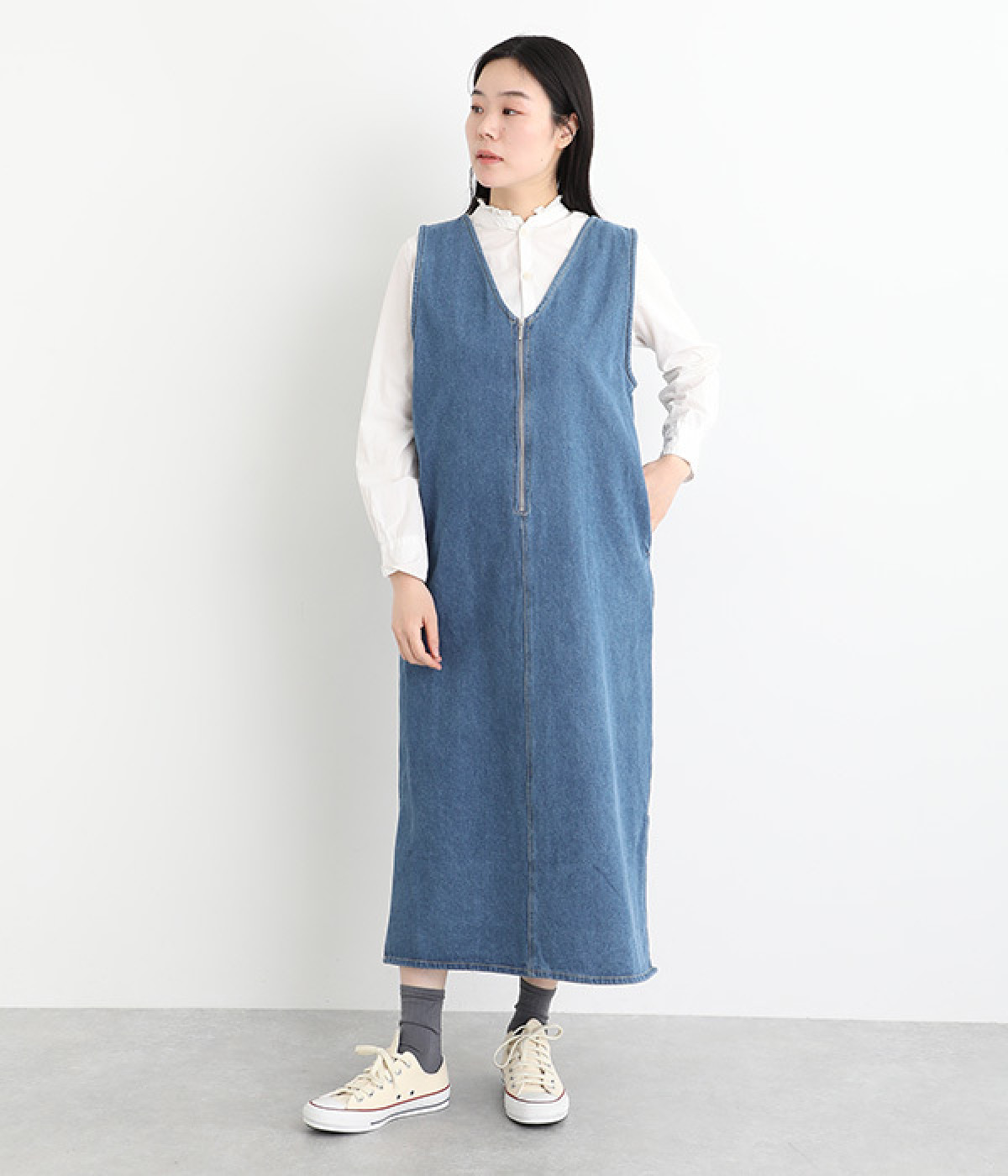 10ozデニム ジップ付きジャンパースカート(ブルー-ONESIZE)