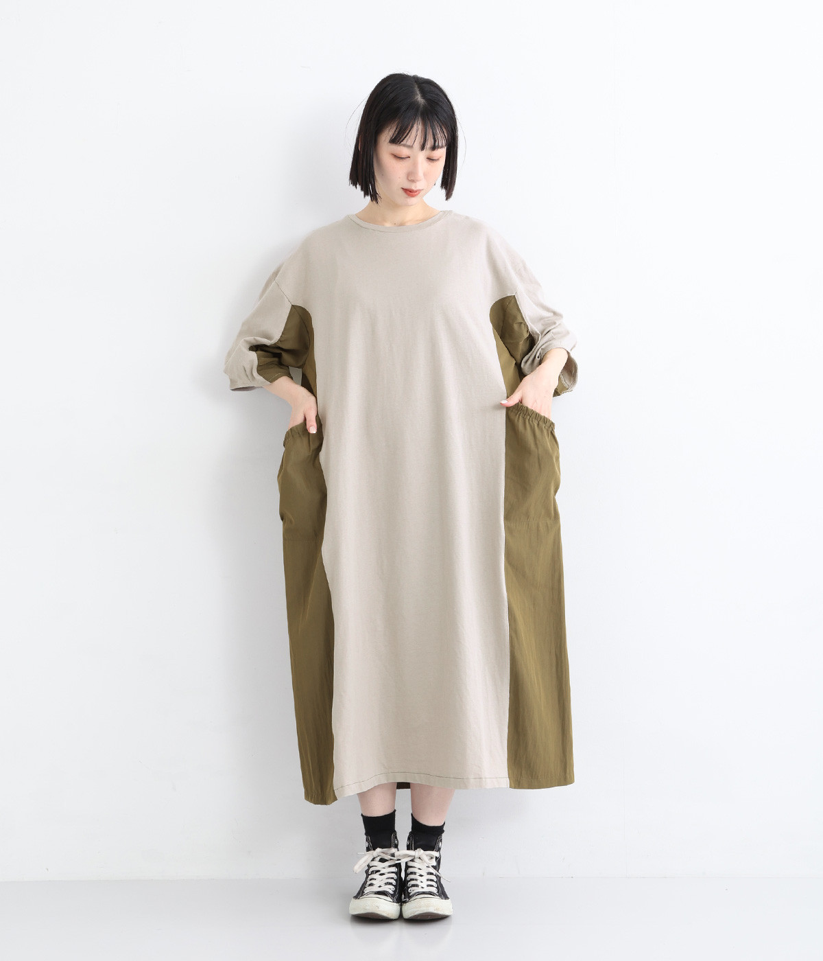 異素材切替ワンピース(グレー-ONESIZE)