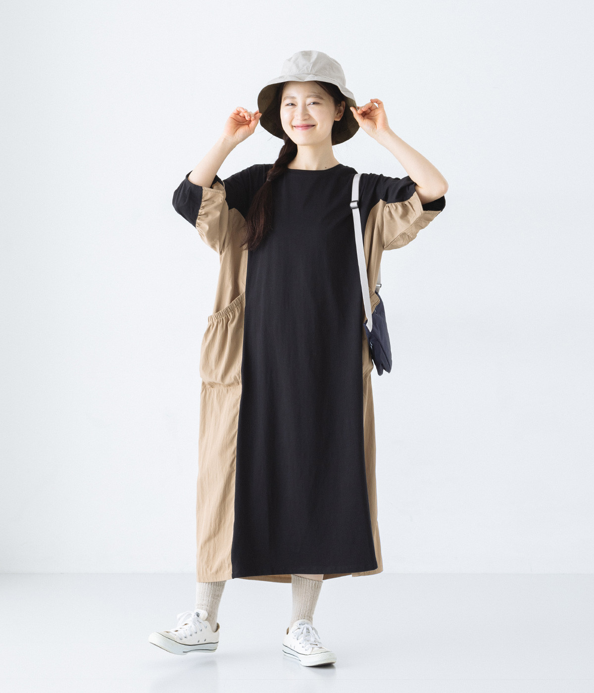 異素材切替ワンピース(クロ-ONESIZE)