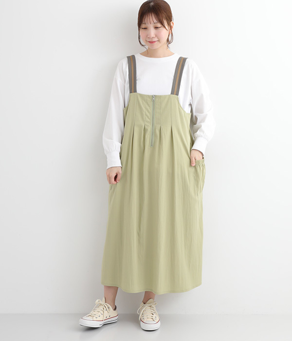 ナイロンヴィンテージ 配色ベルトジャンパースカート(ライトオリーブ-ONESIZE)
