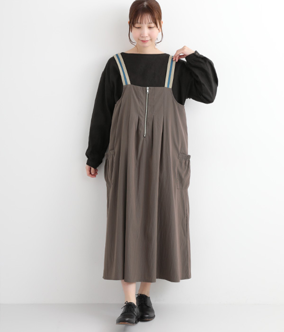 ナイロンヴィンテージ 配色ベルトジャンパースカート(チャコールブラウン-ONESIZE)