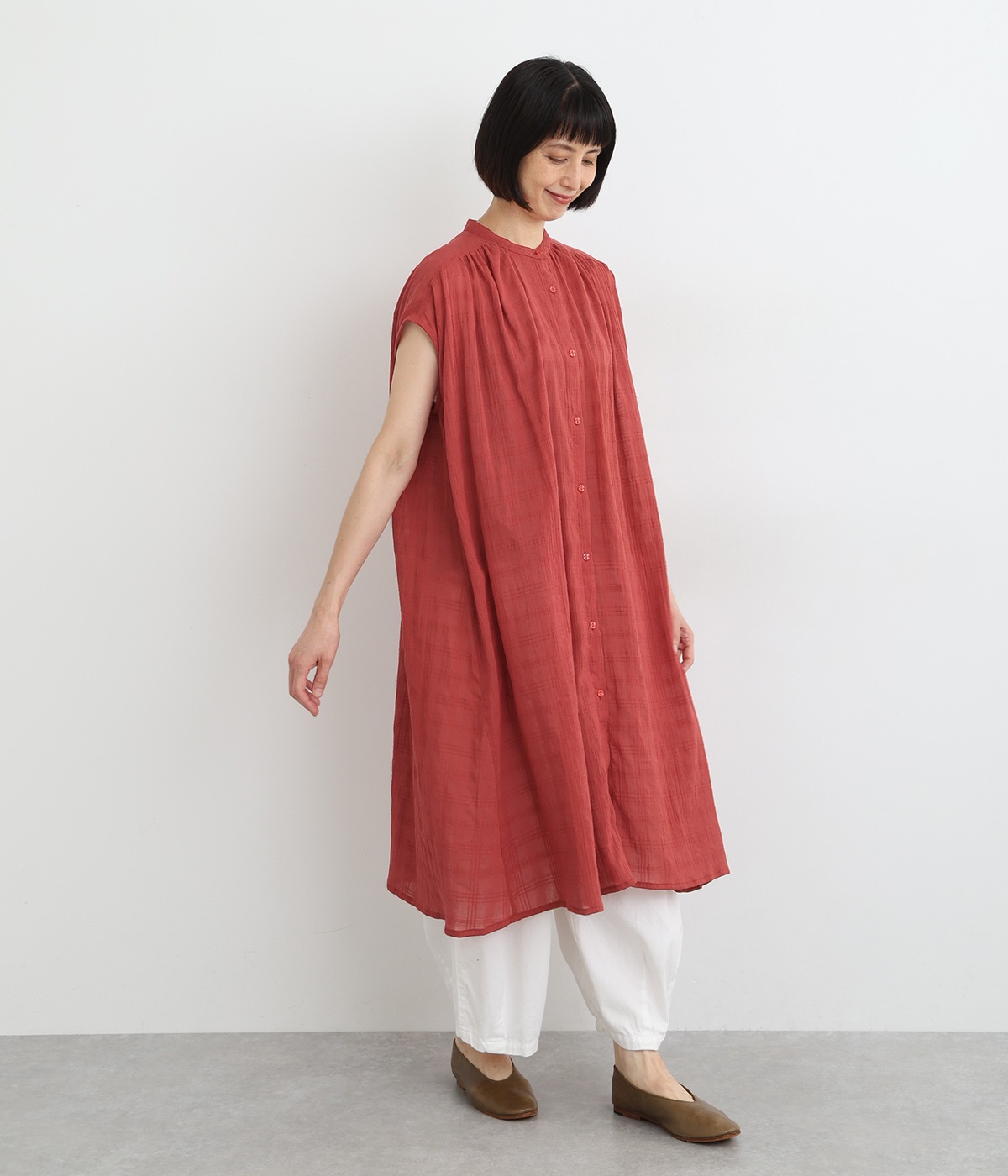 コットン シアーチェックフレンチギャザーワンピース(アカ-ONESIZE)