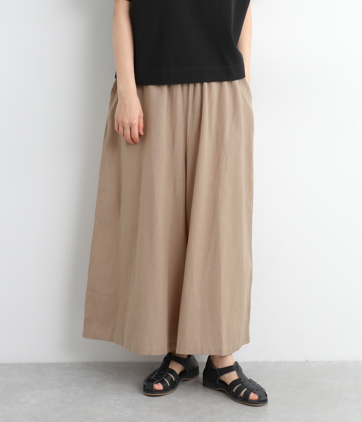 コットンリネンキャンブリックフレアパンツ(グレージュ-L)