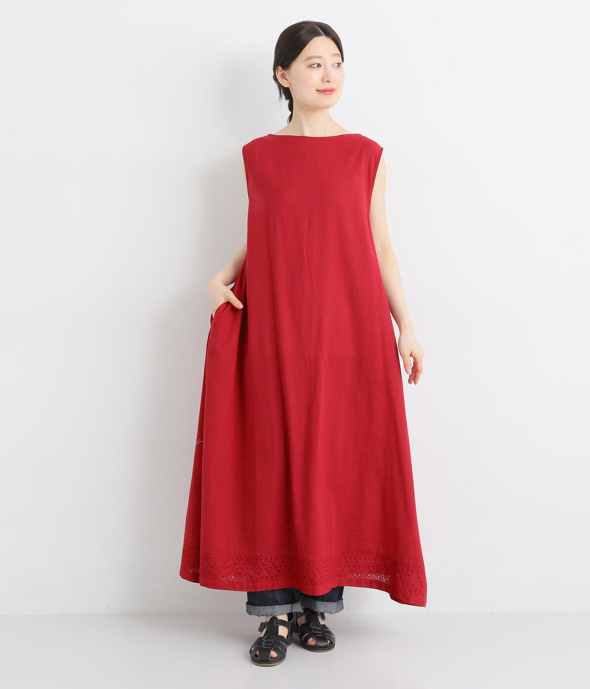 コットンリネンキャンブリックノースリーブワンピース(レッド-L)