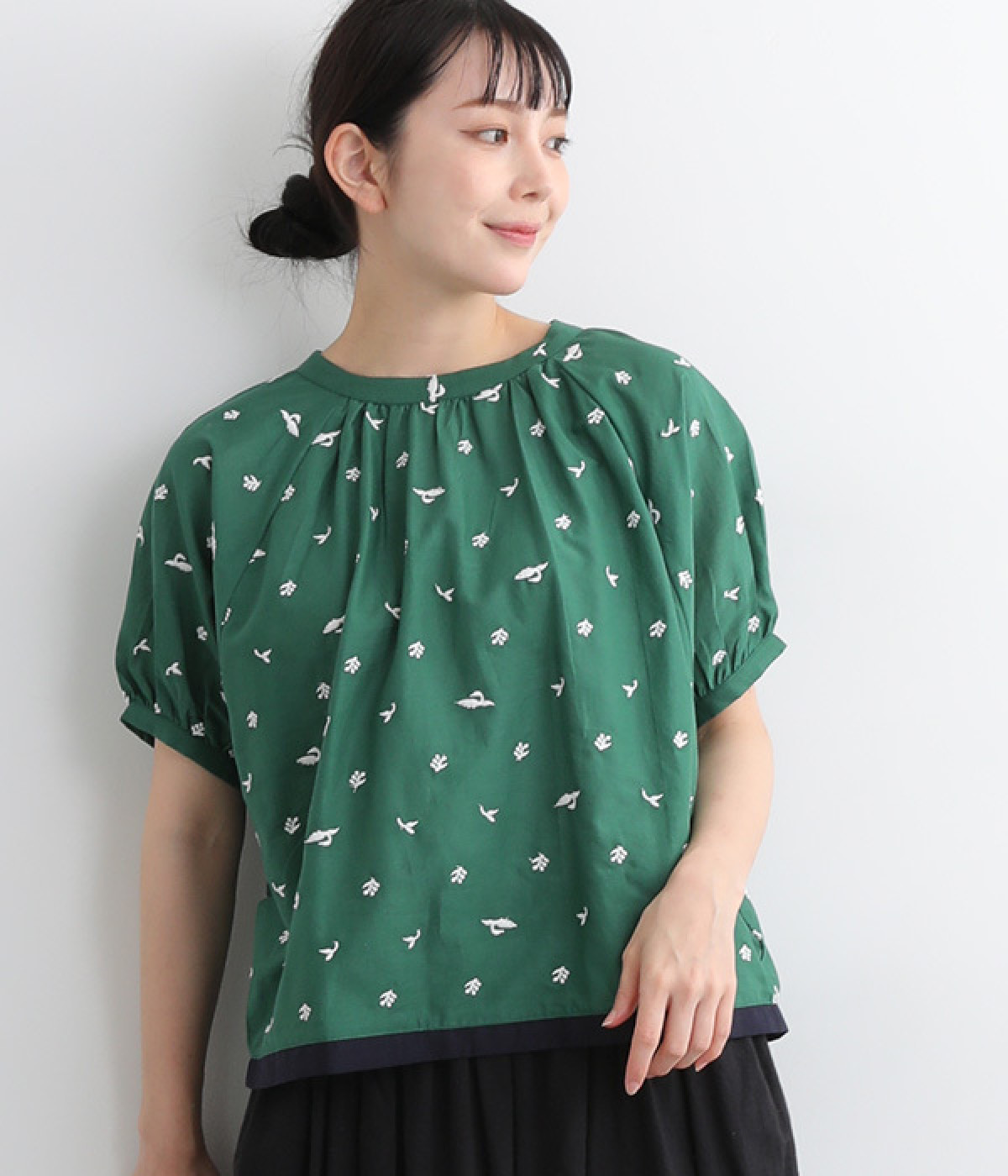 ボタニカルスワン刺繍ポンチョブラウス(グリーン-ONESIZE)