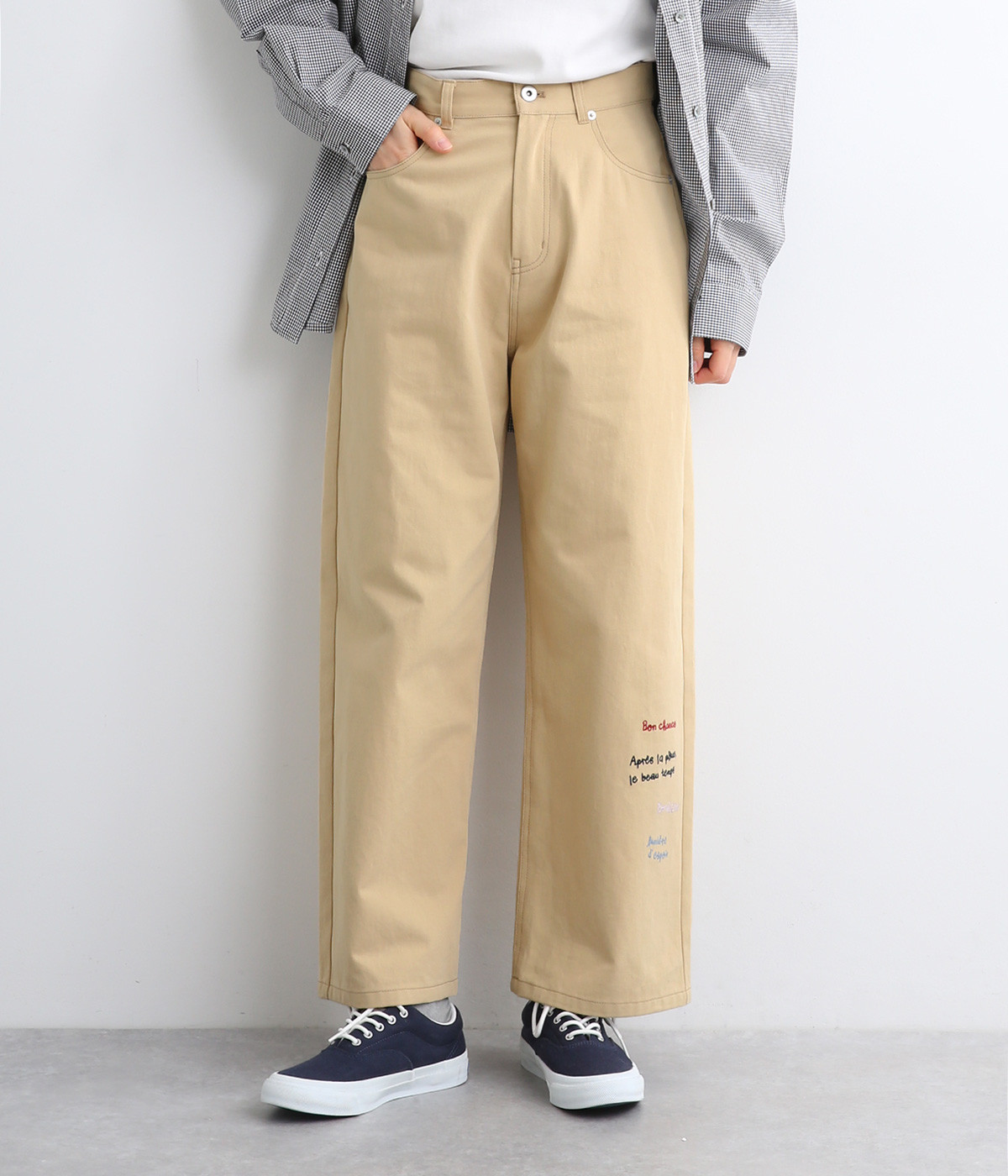 メッセージ刺繍ストレートパンツ(ベージュ-ONESIZE)