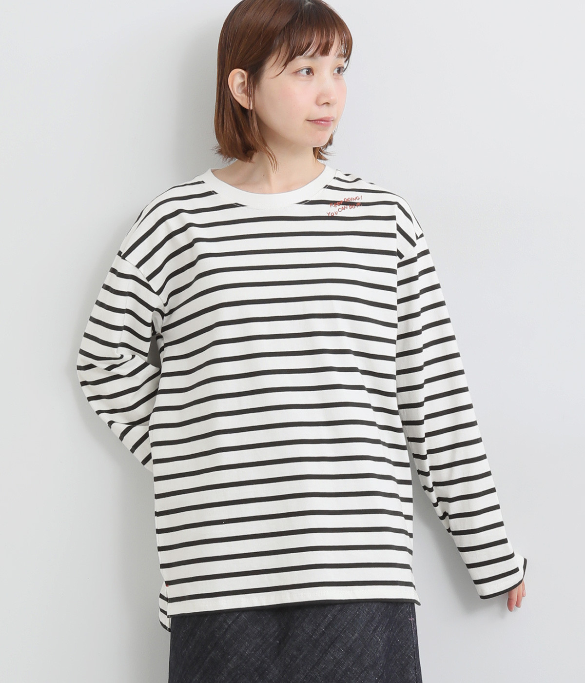 USAコットン刺繍ワイドロングTシャツ(ブラックボーダー-ONESIZE)