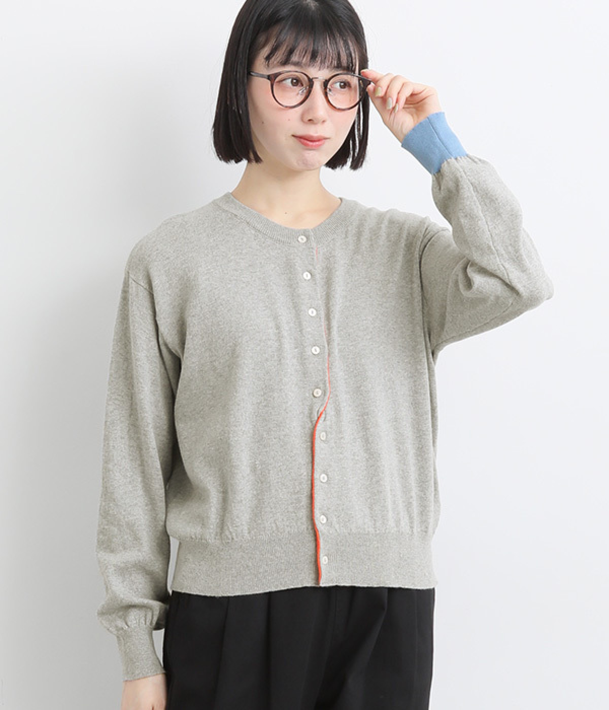 変形前立てクルーネックニットカーディガン(グレー-ONESIZE)