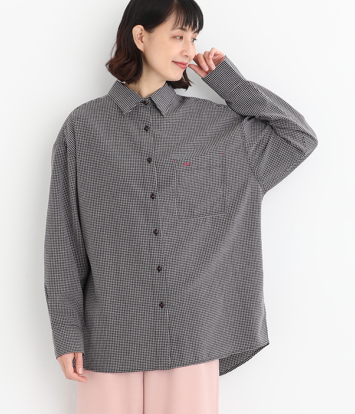 ポイント刺繍オーバーサイズシャツ(チェック-ONESIZE)