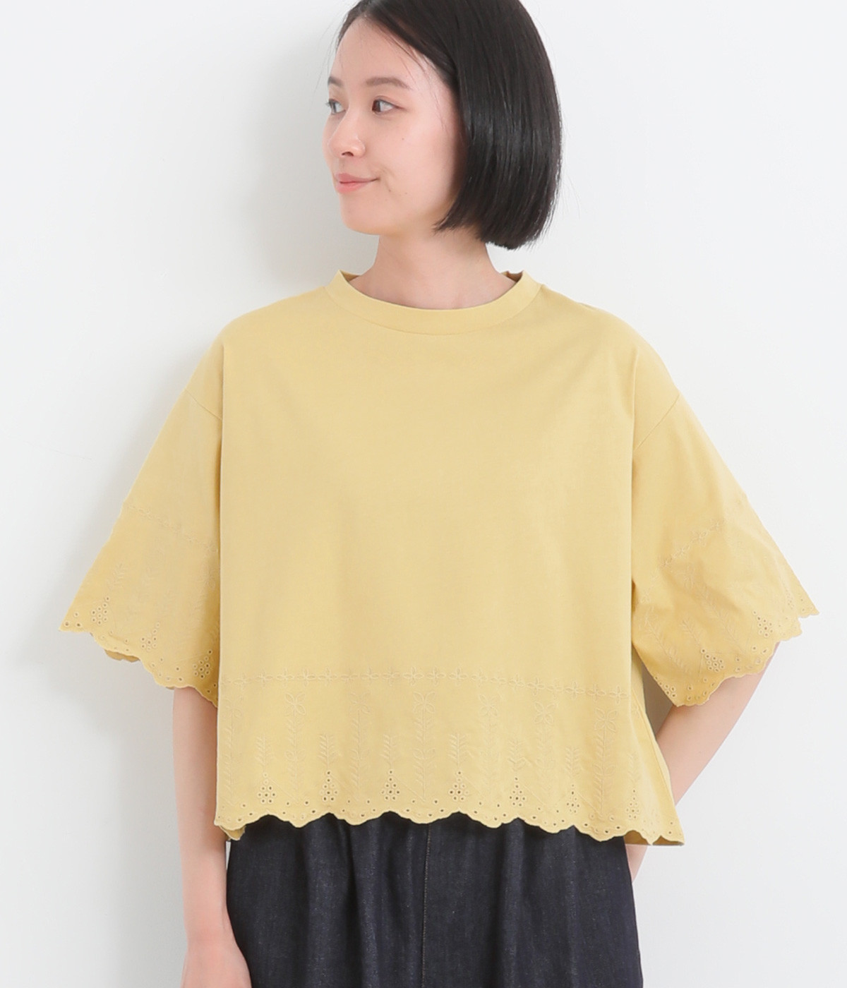スカラップ刺繍プルオーバー(ライトイエロー-ONESIZE)